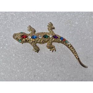 Vintage Gold Tone Lizard Gecko Brooch Multicolor Rhinestone Animal Pin